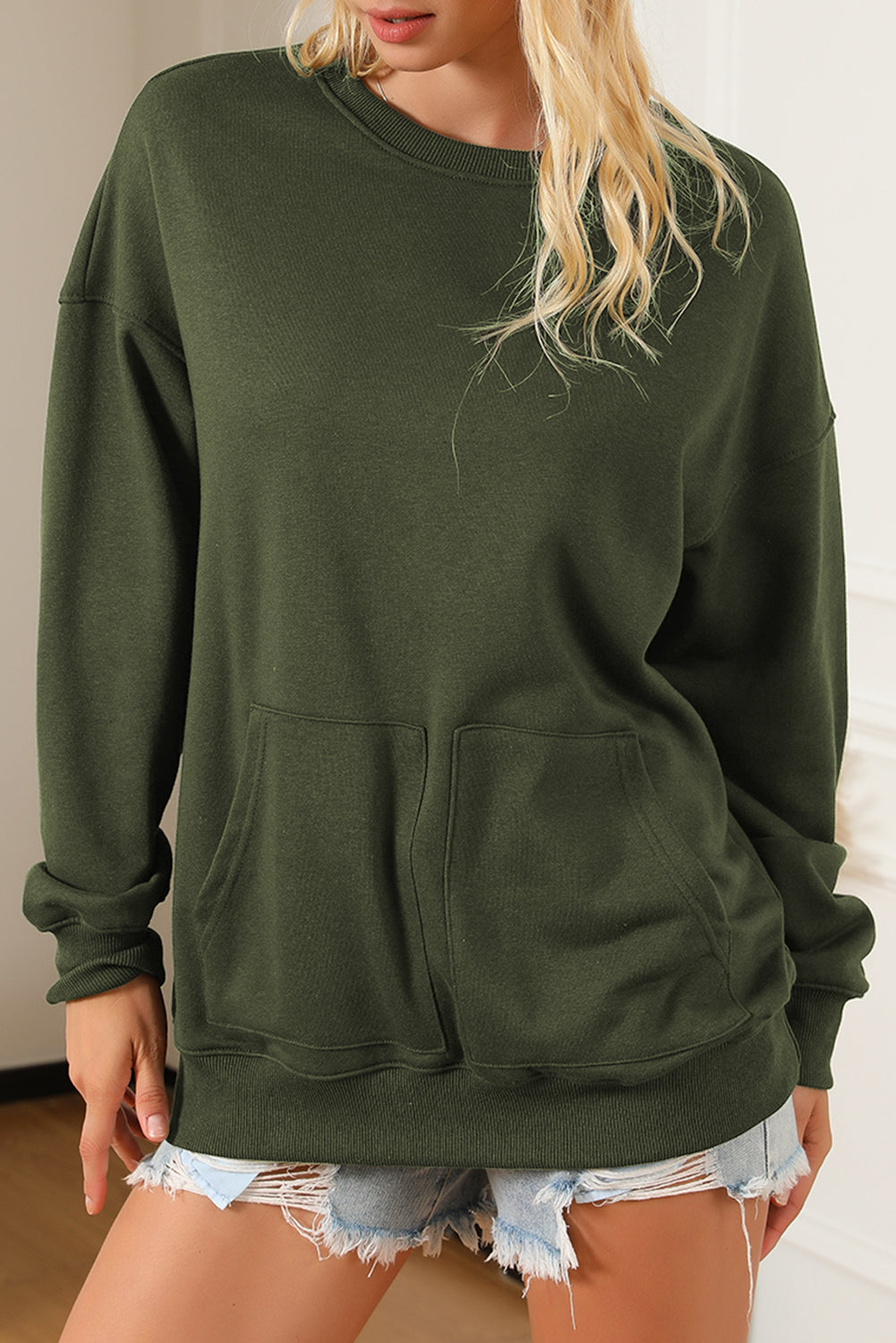 Pocketed Round Neck Dropped Shoulder Sweatshirt