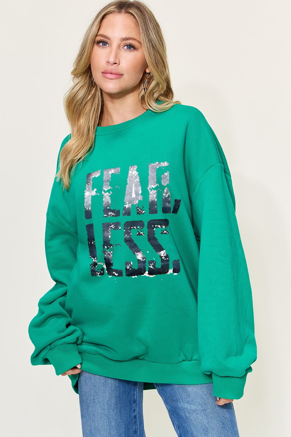 Simply Love Full Size FEAR LESS Graphic Drop Shoulder Oversized Sweatshirt