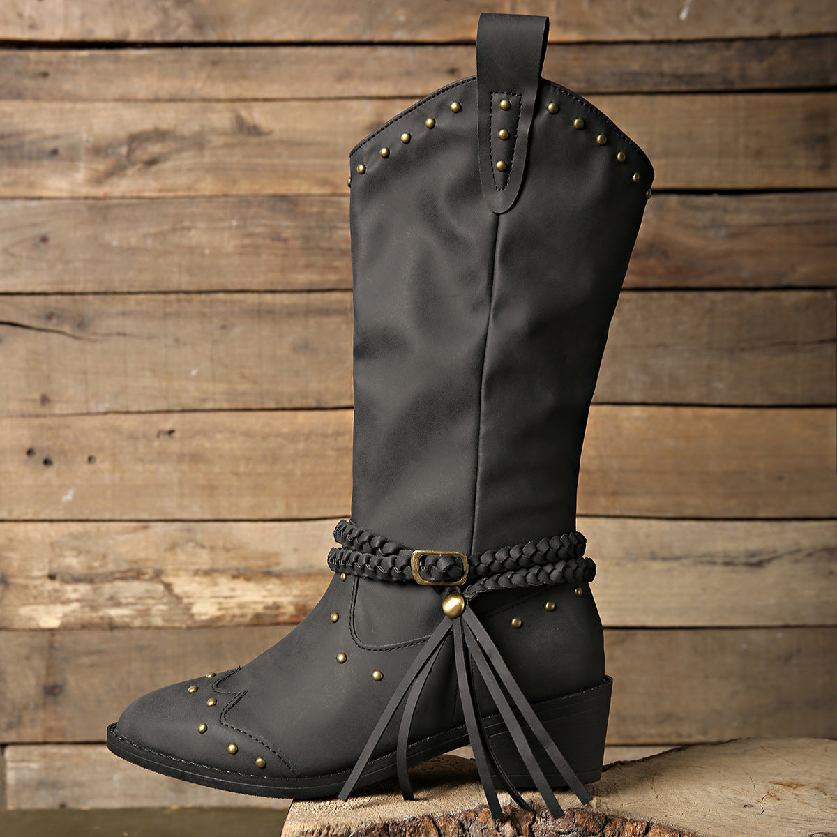 Studded PU Leather Block Heel Boots