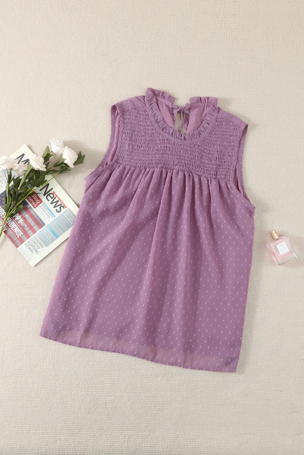 Smocked Frill Swiss Dot Round Neck Tank