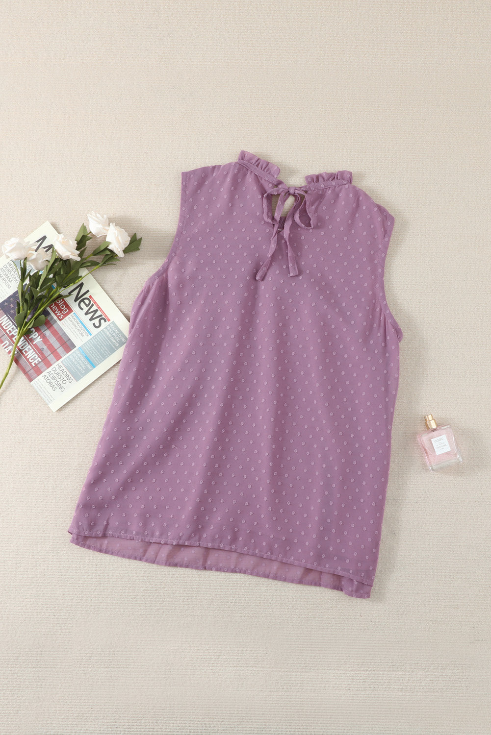 Smocked Frill Swiss Dot Round Neck Tank