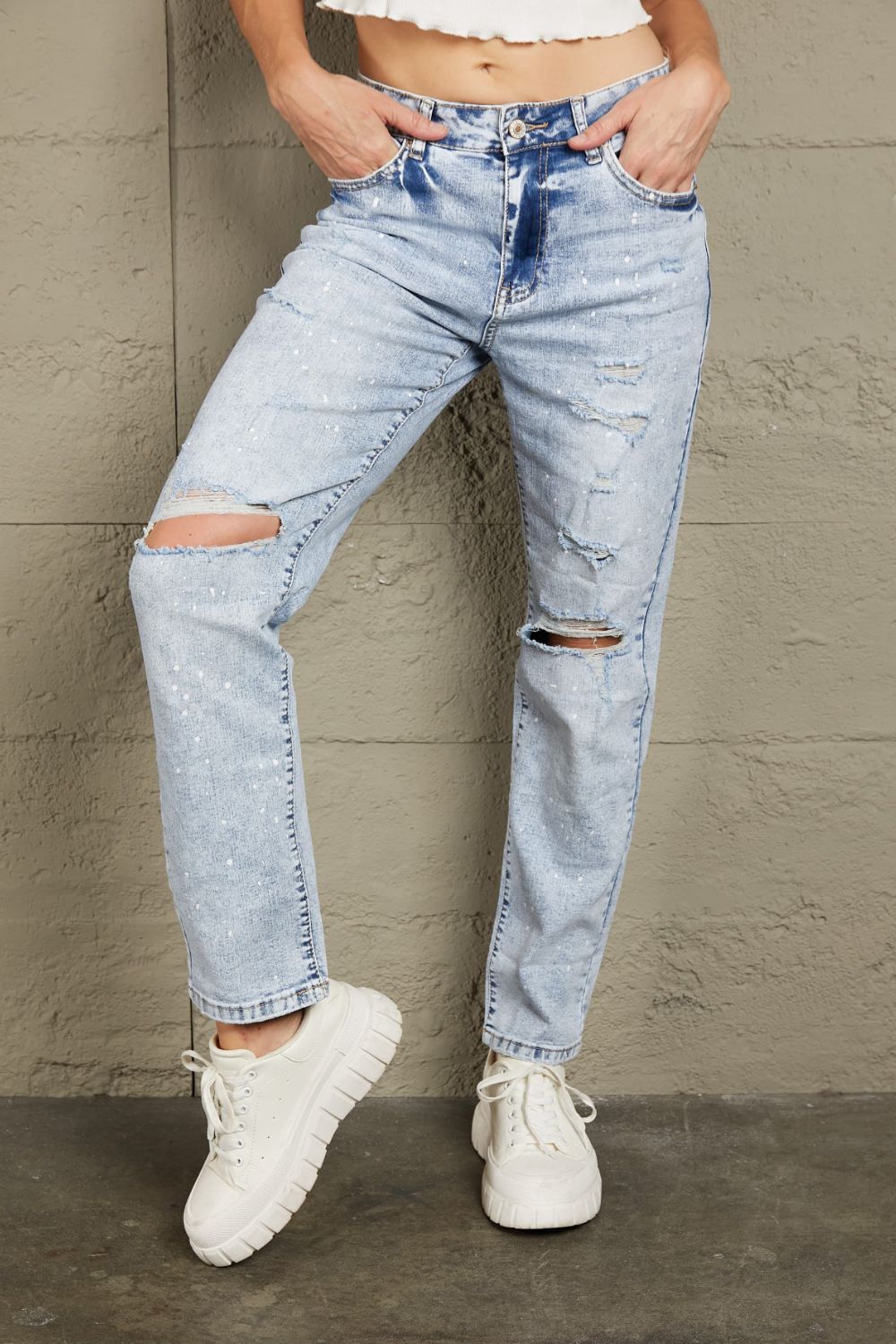 Baeful Splatter Distressed Acid Wash Jeans with Pockets