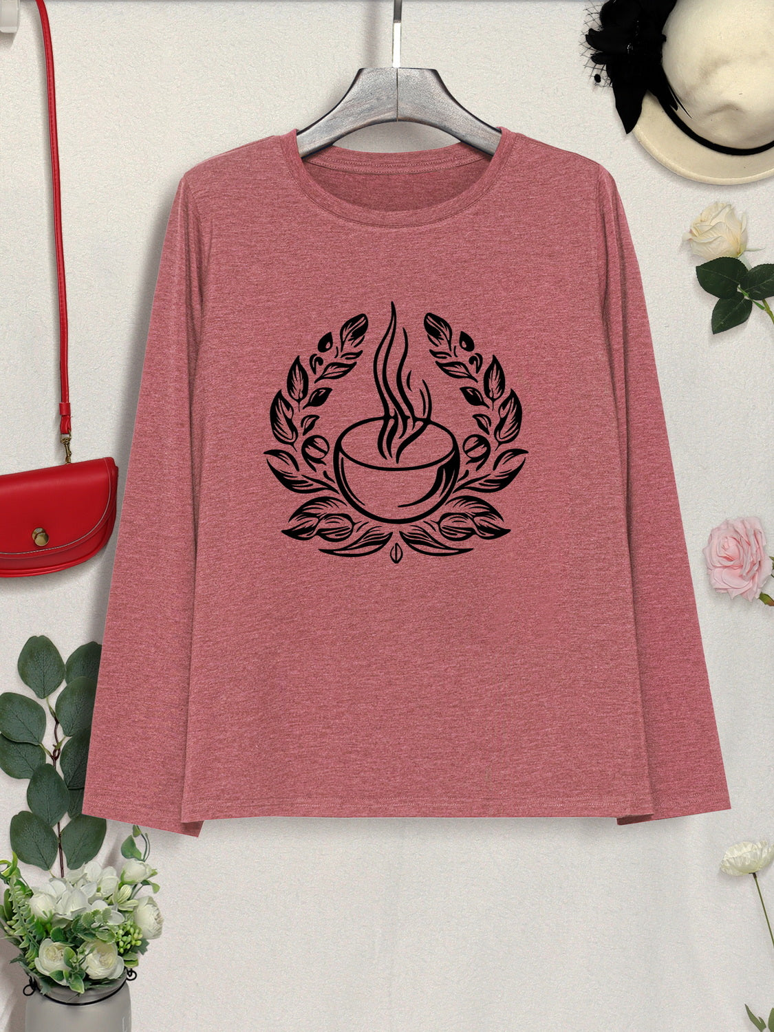 Coffee Graphic Round Neck Long Sleeve T-Shirt