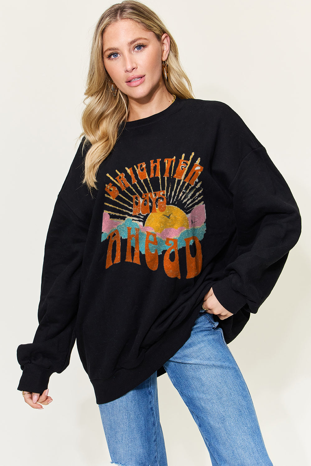 Simply Love Full Size BRIGHTER DAYS Graphic Drop Shoulder Oversized Sweatshirt