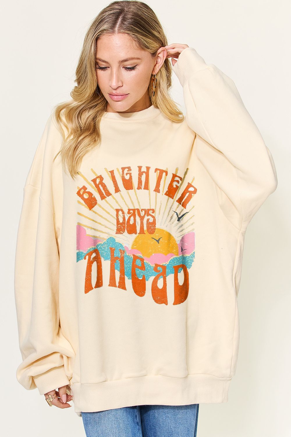 Simply Love Full Size BRIGHTER DAYS Graphic Drop Shoulder Oversized Sweatshirt