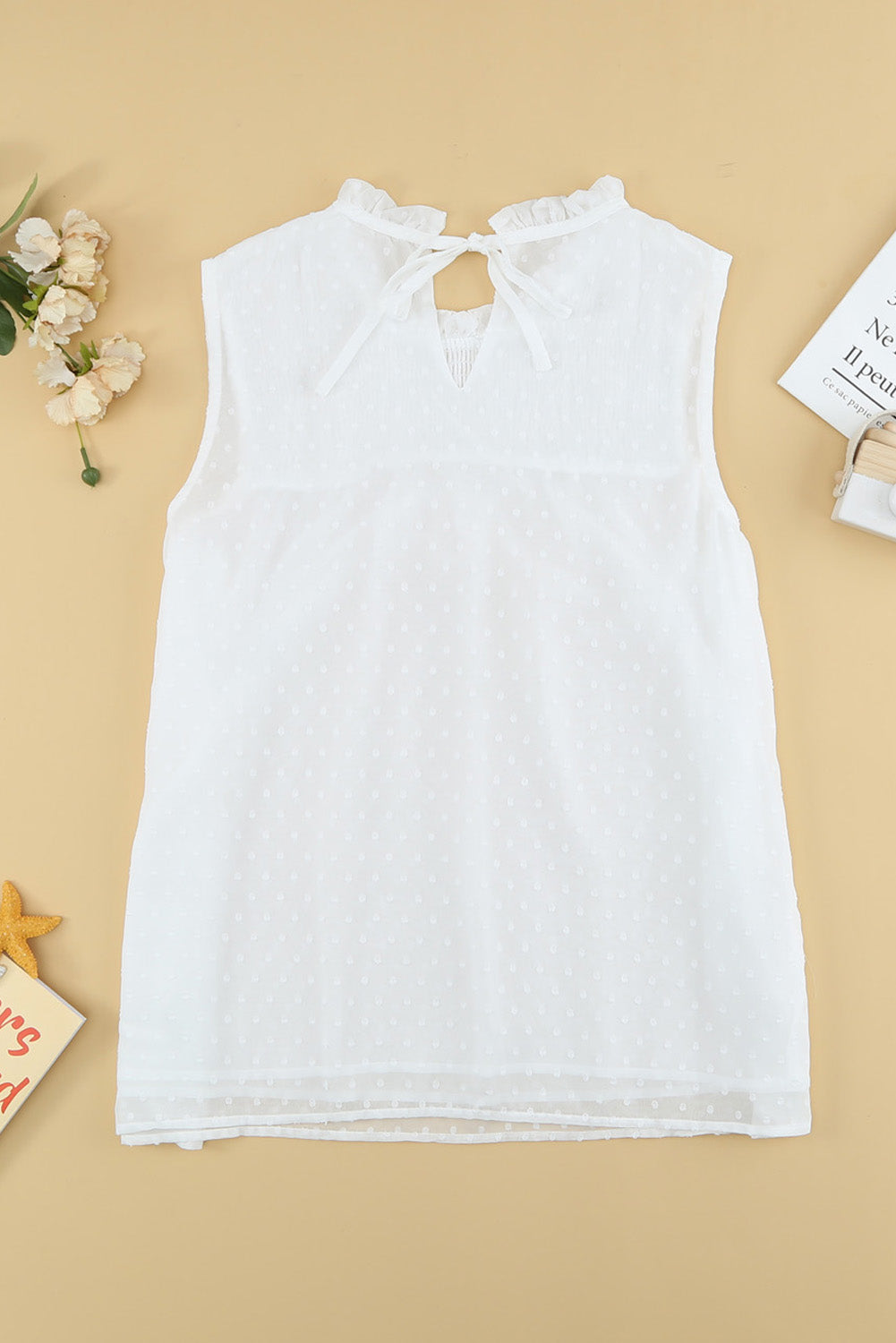 Smocked Frill Swiss Dot Round Neck Tank