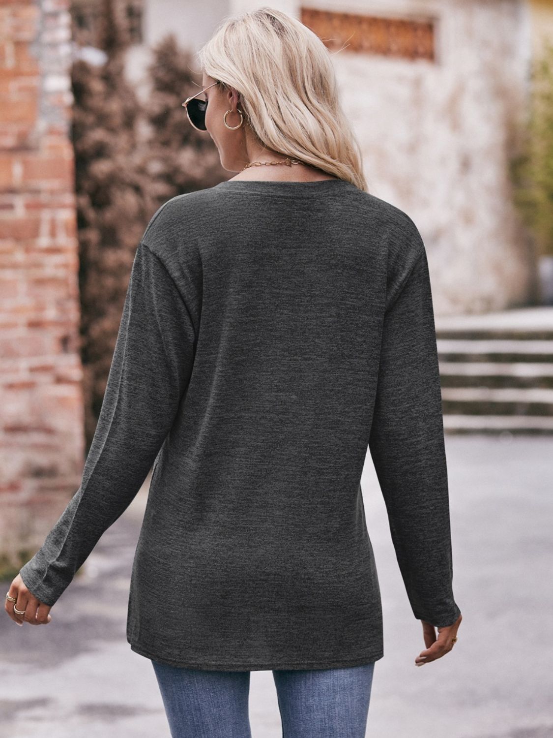 Double Take Buttoned Notched Neck Long Sleeve Top